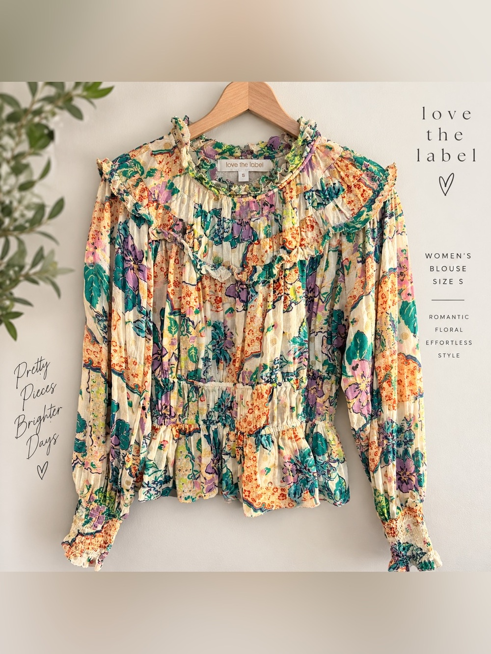 Love the label Floral Ruffle Long-Sleeve Women's Top white Multicolor Small